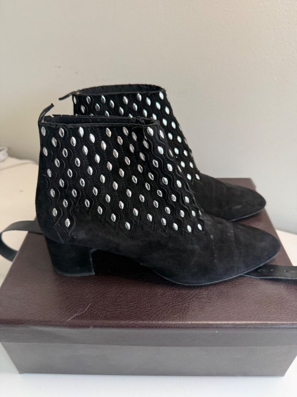 Alaïa Black Suede Ankle Boots With Silver Cutout Detail & Block Heel Size 40